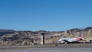 Communication tower and runway at airport